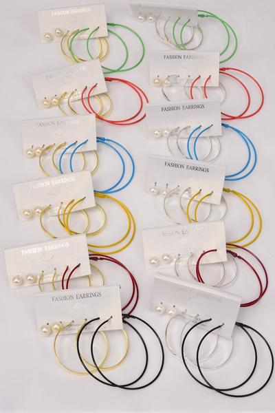 Earrings 3 pair Pearl Stud Metal Hoop Mix Multi / 36 pair = Dozen  Post , Loop Size - 1.75" & 2.25" Wide , 10 mm Pearl , 6 Gold & 6 Silver Mix , 2 of each Color Asst , Earring Card & OPP Bag & UPC Code