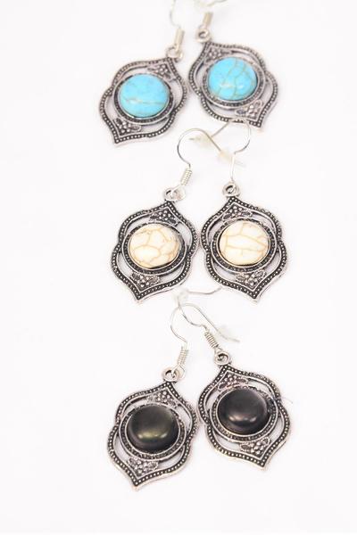 Earrings Metal Antique Aztec Oval Real Semiprecious Stone / 12 pair = Dozen Fish Hook , Size - 1.25" x  0.75" Wide , 4 Black , 4 Ivory , 4 Turquoise Asst , Earring Card & OPP Bag & UPC Code