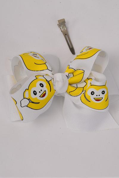 Hair Bow Jumbo Double Layered Cute Monkey White Grosgrain Bow-tie / 12 pcs Bow = Dozen White , Alligator Clip , Bow - 6" x 5" Wide , Clip Strip & UPC Code