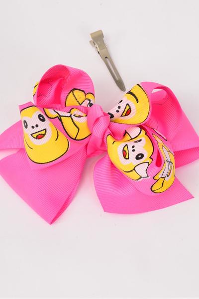 Hair Bow Jumbo Double Layered Cute Monkey Hot Pink Grosgrain Bow-tie / 12 pcs Bow = Dozen  Hot Pink , Alligator Clip , Bow - 6" x 5" Wide , Clip Strip & UPC Code