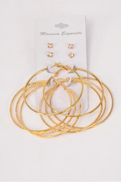 Earrings 4 Pair Metal Gold Loop Studs Mix / 48 pair = Dozen Post , Loop Size - 2.25" Wide , Earring Card & OPP bag & UPC Code , 4 pair per card , 12 card = Dozen