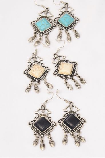 Earrings Metal Antique Dangles Semiprecious Stone / 12 pair = Dozen Fish Hook , Size - 1.5" x 1" Wide , 4 Black , 4 Ivory , 4 Turquoise Color Asst , Earring Card & OPP Bag & UPC Code