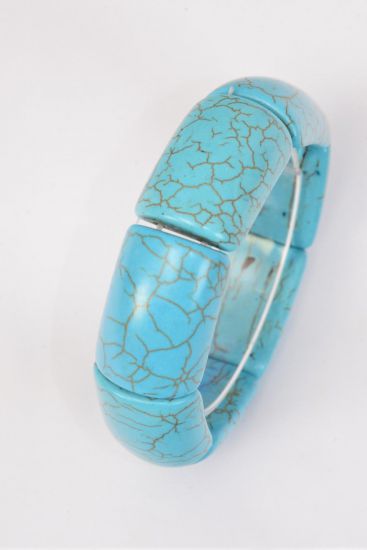 Bracelet Turquoise Real Semiprecious Stones / pc Stretch , Size - High 0.75" Dia Wide , Hang Tag & OPP Bag & UPC Code