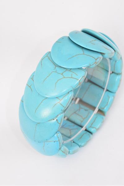 Bracelet Turquoise Hand Carved Real Semiprecious Stones/PC Stretch,Size-High 1" Dia Wide,Hang Tag & OPP Bag & UPC Code