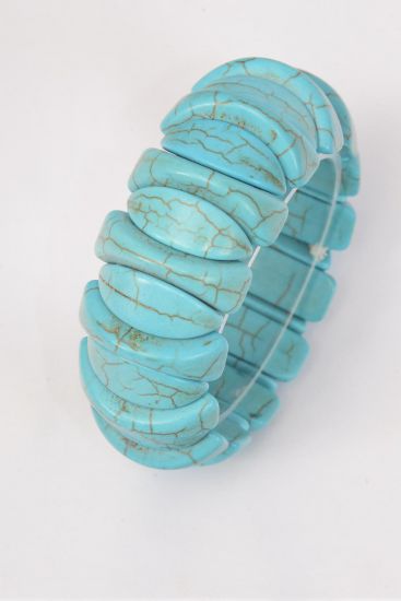 Bracelet Turquoise Hand Carved Real Semiprecious Stones / 12 pcs = Dozen Stretch , Size - High 1" Dia Wide , Hang Tag & OPP Bag & UPC Code