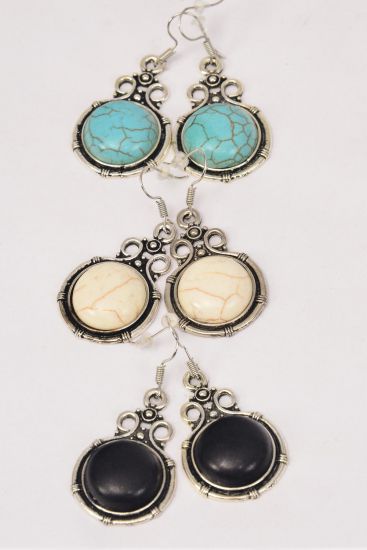 Earrings Metal Antique Semiprecious Stone / 12 pair = Dozen Fish Hook , Size - 1.25" x 1" Wide , 4 Black , 4 Ivory , 4 Turquoise Asst , Earring Card & OPP Bag & UPC Code -