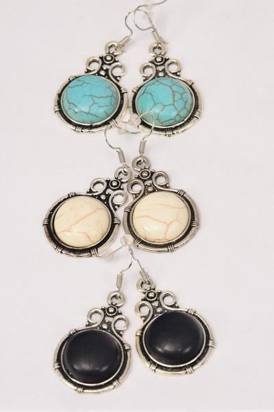 Earrings Metal Antique Semiprecious Stone / 12 pair = Dozen Fish Hook , Size - 1.25" x 1" Wide , 4 Black , 4 Ivory , 4 Turquoise Asst , Earring Card & OPP Bag & UPC Code -