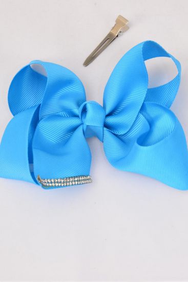 Hair Bow Jumbo Center Clear Stones Turquoise Grosgrain Bow-tie / 12 pcs Bow = Dozen Turquoise , Alligator Clip , Size - 6" x 5" Wide , Clip Strip & UPC Code