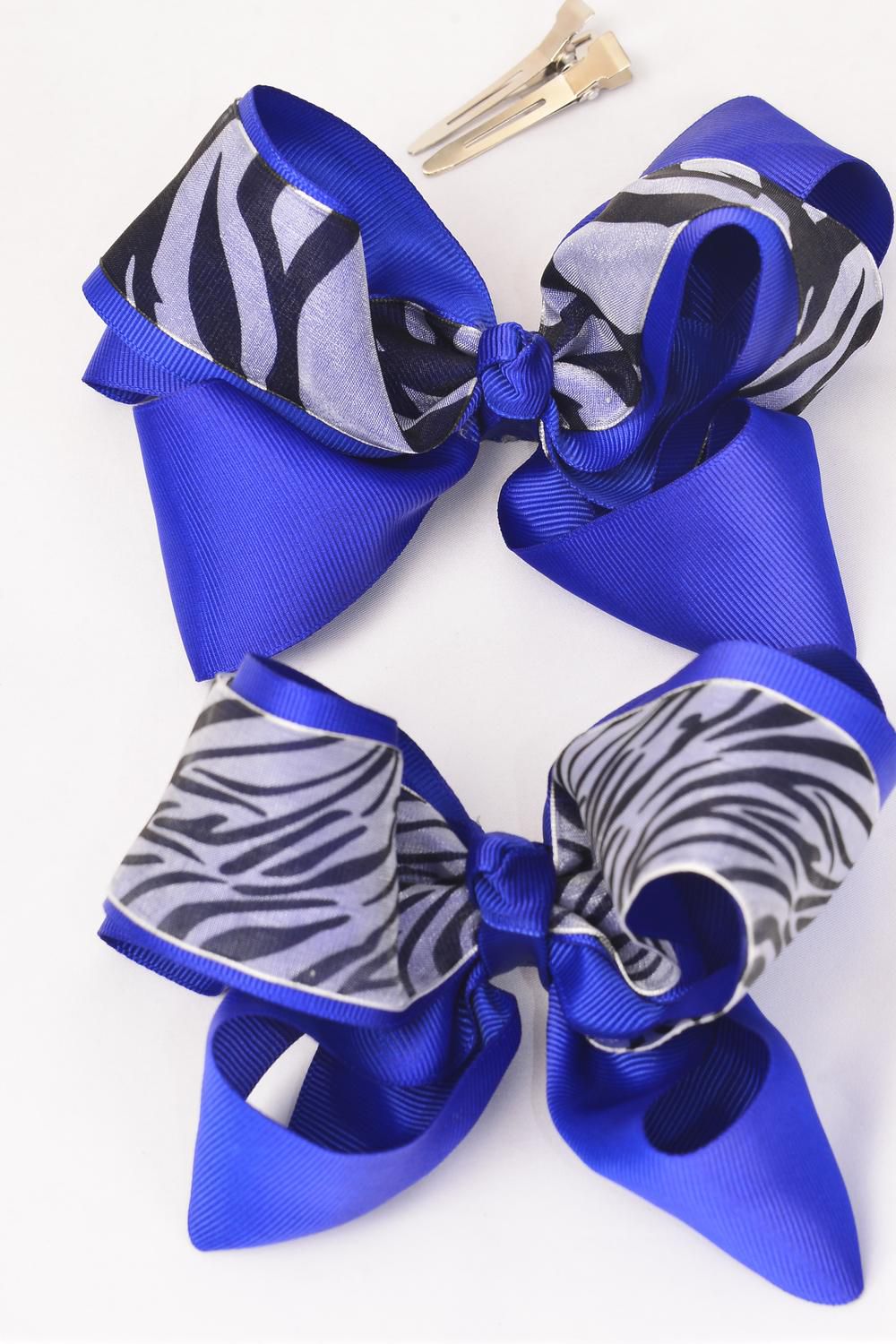 Hair Bow Jumbo Zebra Print Alligator Clip Grosgrain Bowtie Royal Blue