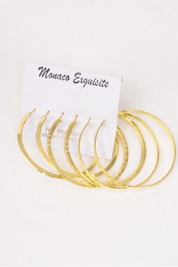 Earrings 3 pair Metal Loop Mix Pattern Gold/DZ **Gold** Post,Size-2.25" Wide,Earring Card & OPP Bag & UPC Code