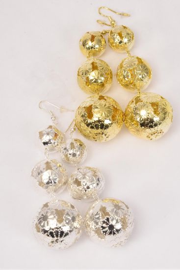 Earrings Ball Filigree Ball Dangle / 12 pair = Dozen Fish Hook , Size - 2.5" Long , 18 mm 14 mm 12 mm Graduated , Earring Card & OPP bag & UPC Code , Choose Finishes