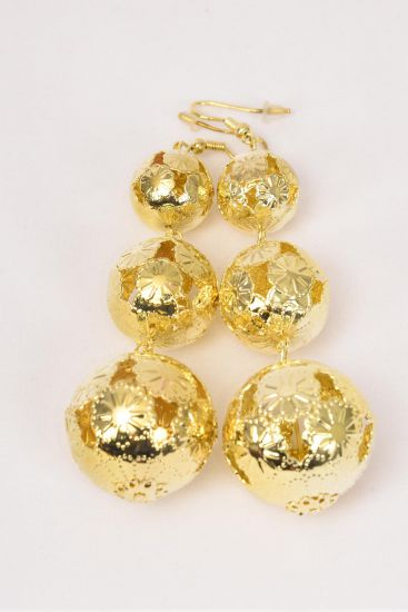 Earrings Filigree Ball Gold / 12 pair = Dozen Fish Hook , Size - 2.5" Long , 18 mm 14 mm 12 mm Graduated , Earring Card & OPP Bag & UPC Code