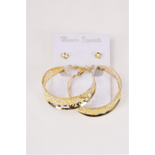 Earrings Gold 2 pair Filigree Loop &amp; Clear Rhinestone Studs/DZ **Gold** Hoop Size1.75&quot; Wide,Earring Card &amp; OPP bag &amp; UPC Code,12 Card= Dozen