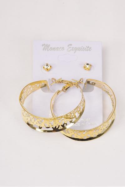 Earrings Gold 2 pair Filigree Loop & Clear Rhinestone Studs / 12 pair = Dozen Hoop Size -1.75" Wide , Earring Card & OPP bag & UPC Code , 12 Card = Dozen