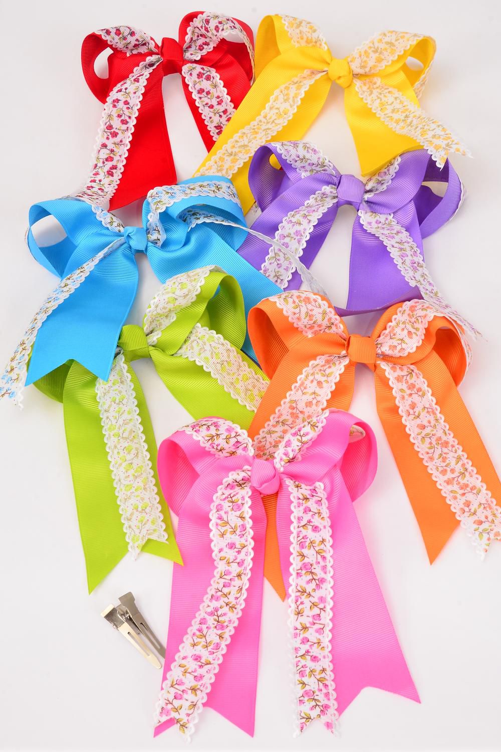 Hair Bow Jumbo Long Tail Double Layered Country Flower Grosgrain Bowtie