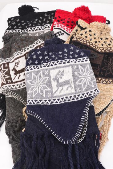 Hat Winter Knit Scarf Hat Set Fleece Inside Snowflake Deer / 12 Sets = Dozen Multi , Scarf Size - 64" x 8" Wide , 2 Red , 2 Black , 2 Brown , 2 Gray , 2 Khaki , 2 Navy Asst , OPP Bag