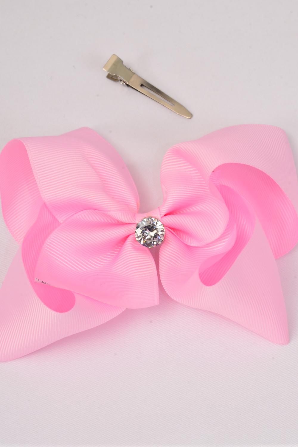 Hair Bow Jumbo 12 mm CZ Cubic Zirconium Grosgrain Bowtie Baby Pink/DZ