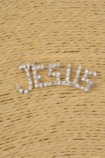 Brooch Jesus Silver Rhinestones / 12 pcs = Dozen  Silver , Size - 2" x 0.75" Wide , Velvet Display Card & OPP Bag