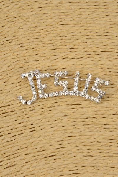 Brooch Jesus Silver Rhinestones / pcs  Silver , Size - 2" x 0.75" Wide , Velvet Display Card & OPP Bag