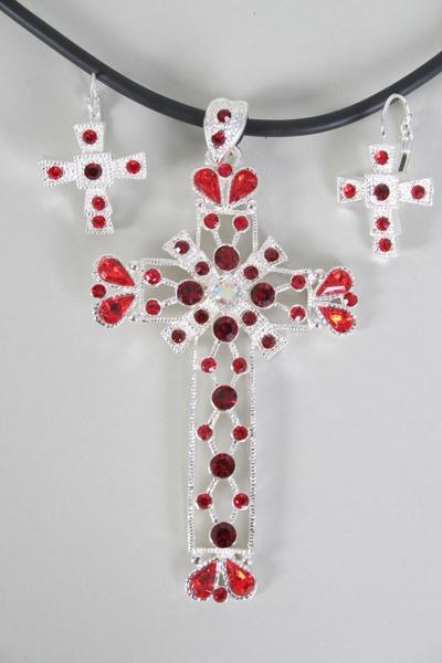 Necklace Sets Large Cross Rhinestone / 12 Sets = Dozen French Post , Size - 18" , Cross - 3.5" x 2" Wide , Earring - 1" x 0.75" Wide , Extenstion Chain , Display Card & OPP Bag & UPC Code , Choose Colors