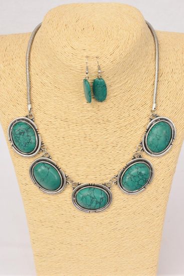 Necklace Sets Oval Real Semiprecious Stones W Chain Green Turquoise Green / Sets Green Turquoise , Size - 18" w Extension Chain , Hang tag & Opp Bag & UPC Code