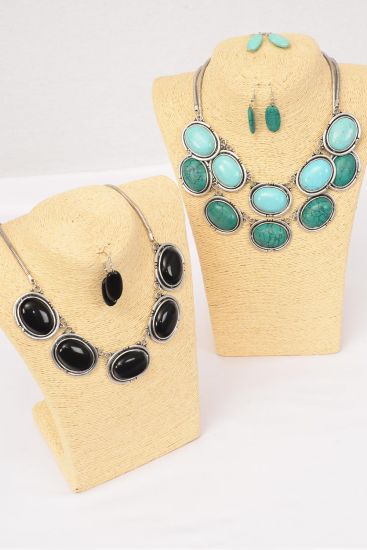 Necklace Sets Snake Chain Oval Semiprecious Stones / 12 Sets =  Dozen Size - 18" w Extension Chain , Choose Colors , Hang tag & Opp Bag & UPC Code         