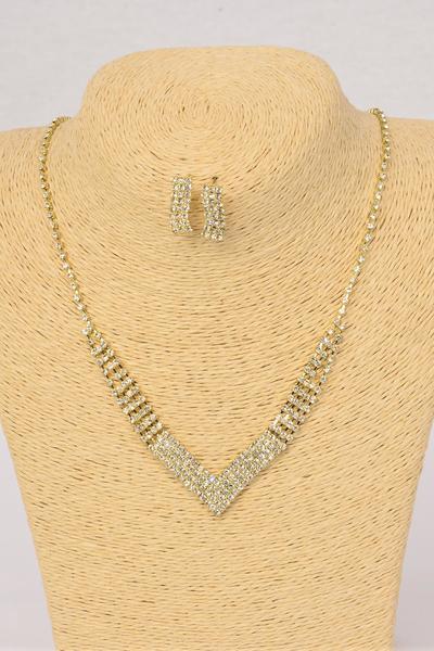 Necklace Sets Gold V Shape Rhinestone / Sets Post ,18" Long , Black Velvet Card & OPP Bag & UPC Code 