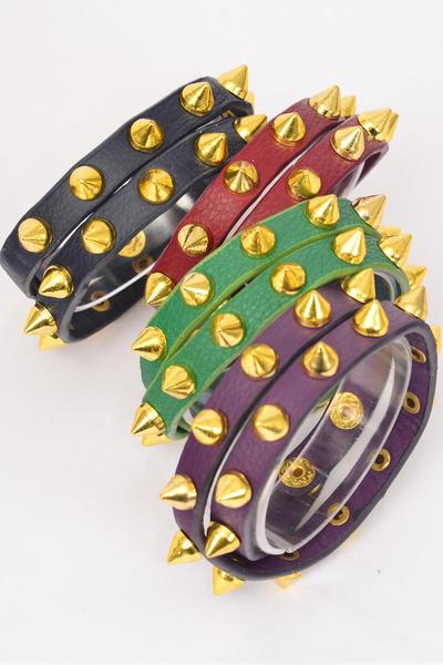 Bracelet Leather Wrap Around Gold Spikes / PC Size-16" Long , Choose Colours , W OPP Bag