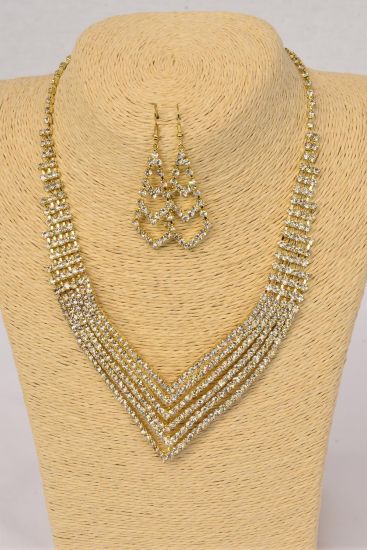 Necklace Sets Rhinestone Gold Post / 12 Sets = Dozen Fish Hook , 18" w Extension Chain , Black Velvet Display Card & OPP Bag & UPC Code