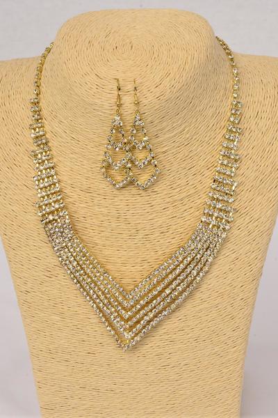 Necklace Sets Rhinestone Gold Post / 12 Sets = Dozen Fish Hook , 18" w Extension Chain , Black Velvet Display Card & OPP Bag & UPC Code
