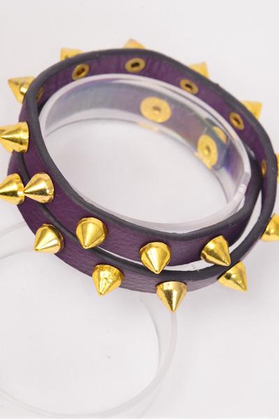 Bracelet Leather Wrap Around Gold Spikes / PC Size - 16" Long , Choose Colors , W OPP Bag