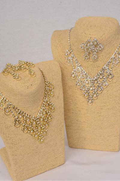 Necklace Sets Rhinestone Post / 12 Sets = Dozen Post , Extension Chain , Choose Gold or Silver Finishes , Black Velvet Display Card & OPP Bag & UPC Code