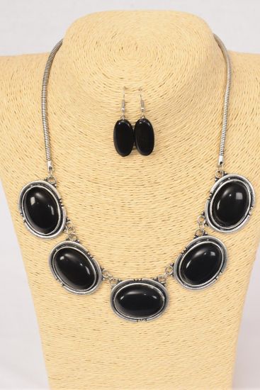 Necklace Sets Snake Chain Oval Semiprecious Stones Black / 12 Sets = Dozen Black , Size - 18" w Extension Chain , Hang tag & Opp Bag & UPC Code