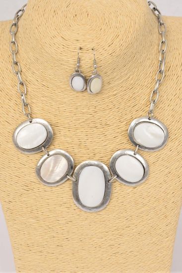 Necklace Sets Oval w Seashell White / Sets White , Size - 18" w Extension Chain , Opp Bag & UPC Code