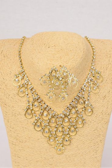 Necklace Sets Rhinestone Gold Post / 12 Sets = Dozen Gold , Post , Earring Size - 2" x 1.25" Wide , 18" w Extension Chain , Black Velvet Display Card & OPP bag & UPC Code