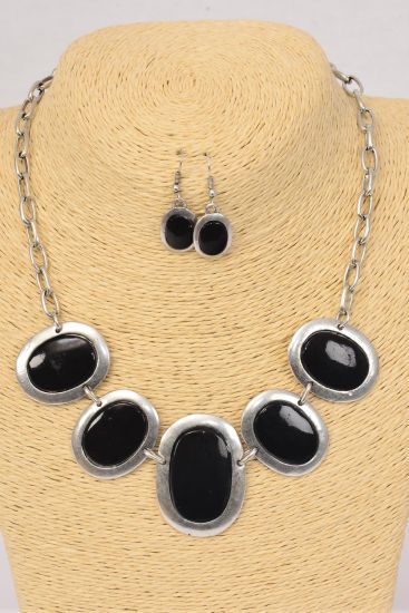 Necklace Sets Silver Chain Oval Seashell Black / Sets  Black - Size - 18" w Extension Chain , Opp Bag & UPC Code