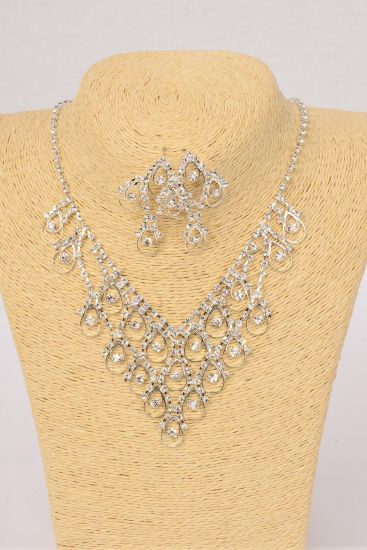 Necklace Sets Rhinestone Silver Post / 12 Sets = Dozen Silver, Post , Earring - 2" x 1.25" Wide , 18" w Extension Chain , Black Velvet Display Card & OPP bag & UPC Code