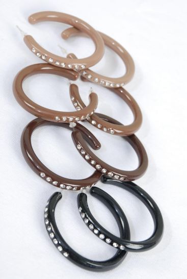 Earrings Acrylic Hoop Clear Rhinestone Brown Tone Mix / 12 pair = Dozen  Post , Hoop Size - 1.75" Wide , 3 of each Color Asst , Earring card & OPP bag & UPC Code