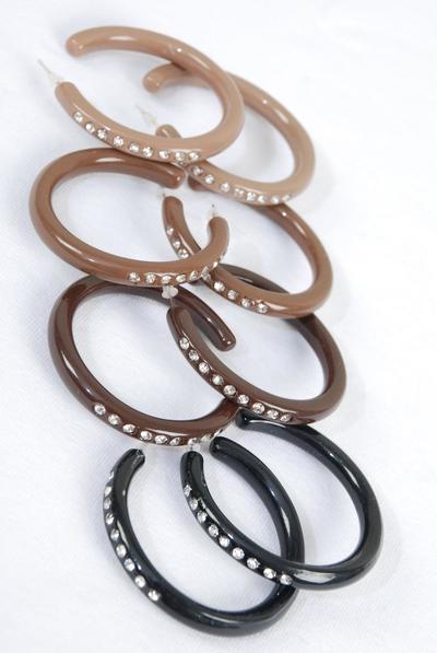 Earrings Acrylic Hoop Clear Rhinestone Brown Tone Mix / 12 pair = Dozen  Post , Hoop Size - 1.75" Wide , 3 of each Color Asst , Earring card & OPP bag & UPC Code
