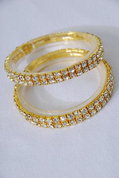 Bracelet 2 Line Tennis Rhinestones Stretch Gold / 12 pcs = Dozen Gold , Stretch , OPP Bag & UPC Code 