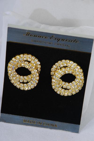 Earrings Rhinestone Gold Circles Post / 12 pair = Dozen Gold , Post , Size - 1.25" x 1" Wide , Earring Card & OPP Bag & UPC Code