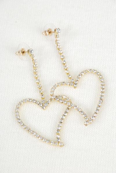 Earring Boutique Rhinestone Heart Gold / PC Post , Size-2.5" x 1.5" Wide , Black Velvet Earring Card & OPP bag & UPC Code