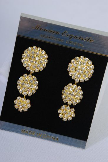 Earrings Gold Rhinestone Circle Drop Post / PC Post , Size - 2" x 0.75" Wide , Velvet Earring Card & OPP Bag & UPC Code