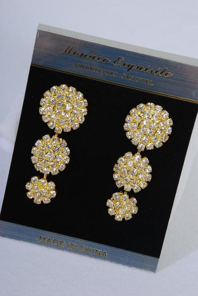 Earrings Boutique Gold 3 Circle Dangle Rhinestones / PC Post , Size- 2" x 0.75" Wide , Velvet Earring Card & OPP Bag & UPC Code