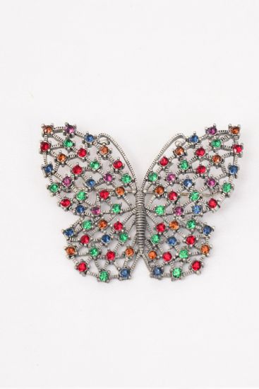 Brooch Antique Silver Multi Rhinestone Butterfly / PC Silver , Size - 2.25'' x 2'' Wide , Display Card & OPP bag & UPC Code