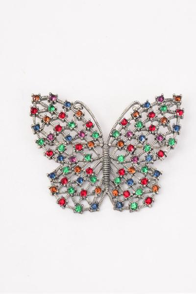 Brooch Large Butterfly Color Rhinestones / PC Size - 2.25'' x 2'' Wide , Display Card & OPP bag & UPC Code , Choose Colors