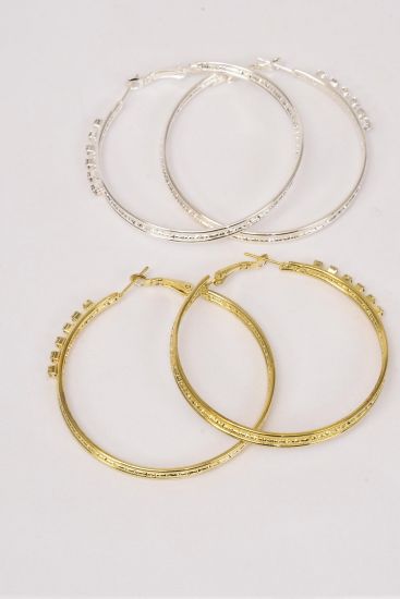 Earrings Metal Loop Clear Rhinestones/DZ **Post** Size-2.25" Wide, Earring Card & OPP bag & UPC Code,Choose Gold Or Silver Finish.-