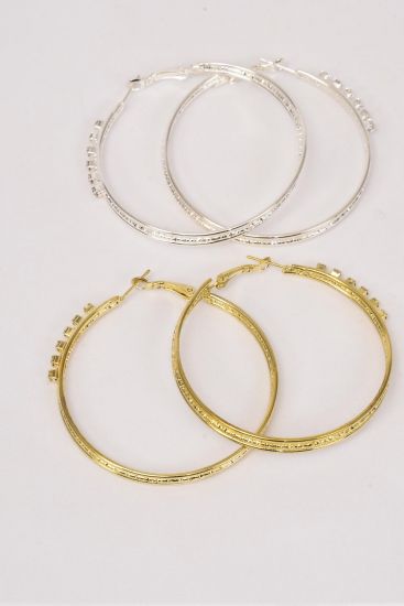 Earrings Metal Hoop Clear Rhinestones / 12 pair = Dozen Post , Size - 2.25" Wide , Earring Card & OPP Bag & UPC Code , Choose Gold Or Silver Finishes