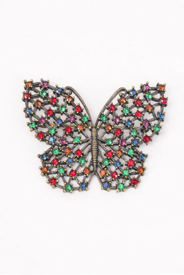 Brooch Multi Gold Antique Rhinestone Butterfly / PC Gold , Size - 2.25' 'x 2'' Wide , Display Card & OPP bag & UPC Code