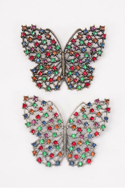 Brooch Butterfly Rhinestones / 12 pcs = Dozen Size - 2.25'' x 2'' Wide , Display Card & OPP bag & UPC Code , Choose Colors